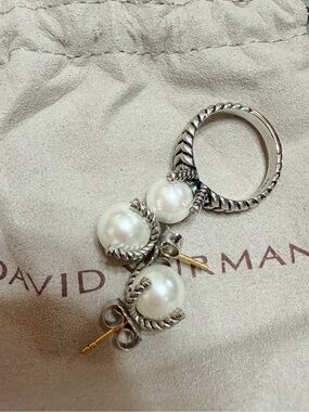David Yurman sterling silver Pearl Cable Drop Earrings with pearl and diamonds